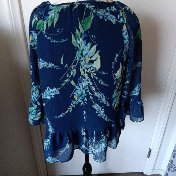 St. John's Bay Flowy Navy Floral 3/4 Ruffle Sleeve Blouse - Picture 3 of 3